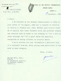 Letter from P. McMahon, Office of the Revenue Commissioners to Mervyn Wall, Secretary to the Arts Council.